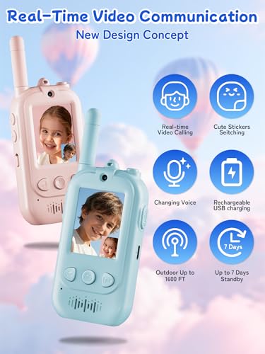 Upgraded Kids Video Walkie Talkies with Real-Time Two-Way Video, No WiFi or App Required, Long Range Outdoor Up to 1600FT, Rechargeable Video Intercom Toy for Boys & Girls Ages 3–12 (Blue & Pink)