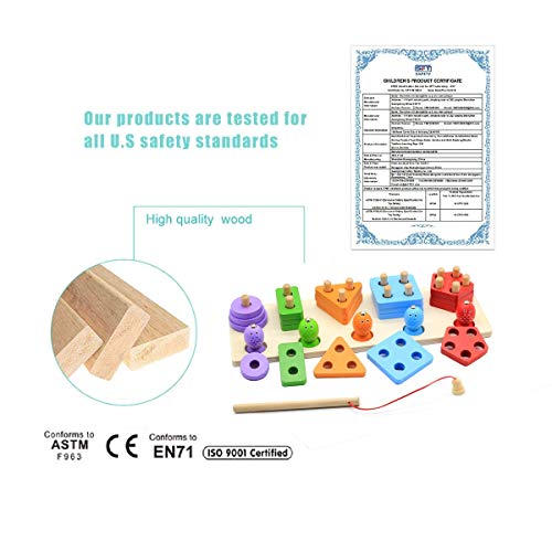 Sendida Montessori Wood Toys Toddlers Puzzles Preschool Educational Kid Toys Sorting Shape Color Blocks Stacking Toys Fishing Game 2 in 1 Learning Toys Gift for 2 3 4 Years