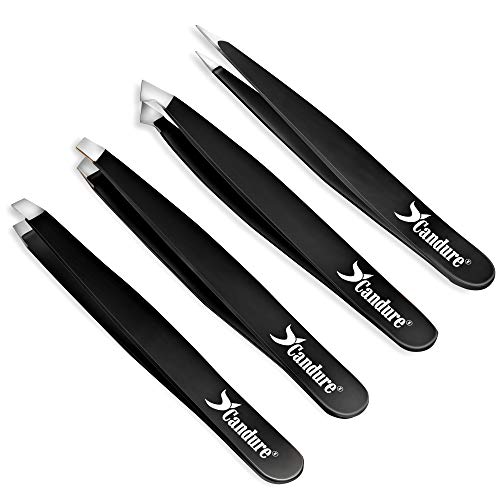 Professional Tweezers Set (4-Piece) - Stainless Steel Precision Tweezers for Ingrown Hair, Facial Hair, Splinter, Blackhead and Tick Remover by Candure (Black) - Thumbnail 7