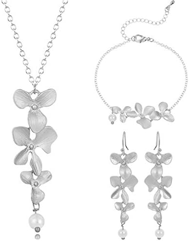 Jewelry Sets Orchid Flower and Pearl Bracelet Bangle Sweet Dangle Earrings for Girls and Women Necklace Silver