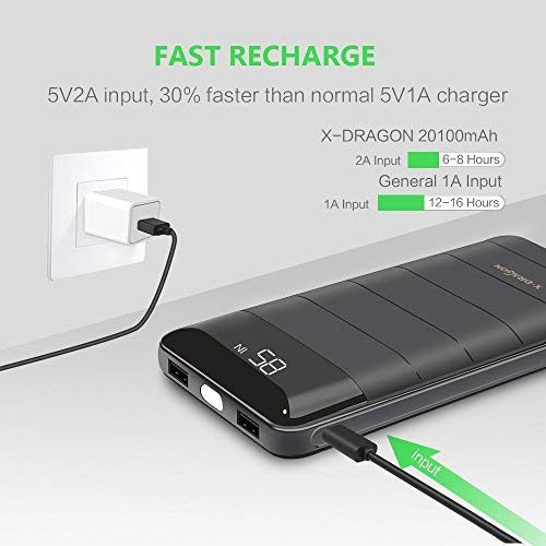 Power Bank X-DRAGON Compact 20100 Chargeur de batterie externe Technologie Digi-Power et LED lumineuse pour 7 6 6S Plus 5S, iPad, Samsung Galaxy, Smart Cell Phones and Tablets