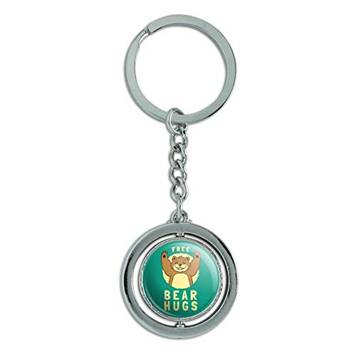 Free Bear Hugs Funny Humor Spinning Round Chrome Plated Metal Keychain Key Chain Ring