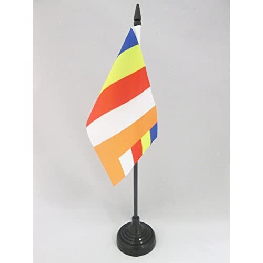 AZ FLAG - Buddhist Table Flag 4'' x 6'' - Buddhism Office Mini Banner 100% Polyester 15 x 10 cm - Mini Desk Flag with 10'' Pole and Black Plastic Base