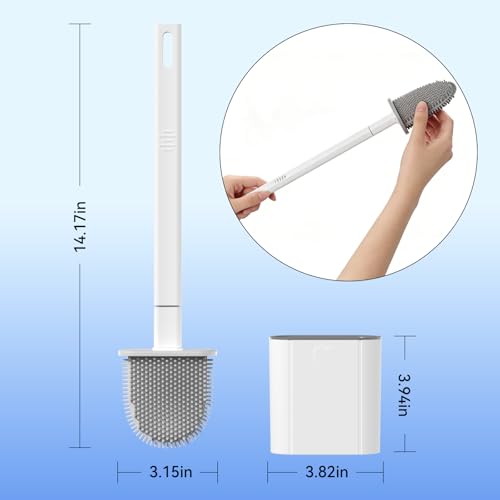 Toilet Brush, 2 Pack Bathroom Silicone Toilet Brushes and Holder Sets with No-Slip Long Plastic Handle and Soft Flexible Bristles, Toilet Brushes with holders and Base for Anti-drip (White)