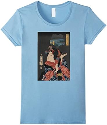 Women's Geisha T-shirt, Awesome Retro Japanese Art Woodblock Print Large Baby Blue