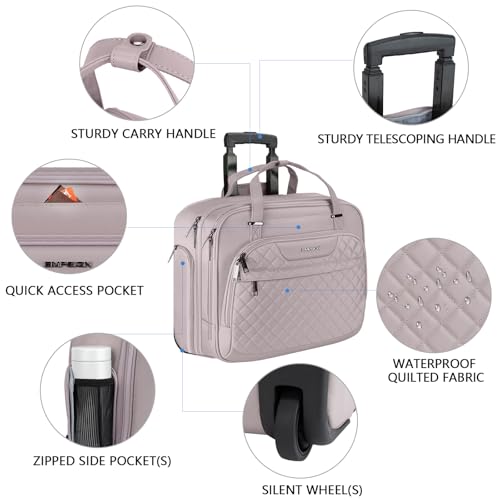 EMPSIGN Laptop Rolling Bag for Women with Wheels 15.6 Inch on Wheels, Overnight Water Repellent Rolling Computer Bag with RFID Pockets, Pink