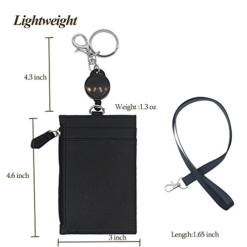 Badge Holder with Zipper,Boarding Pass Holder,2-Sided PU Leather ID Badge Holder with Retractable Badge Reel & Easy Clasp Keychain,1 ID Window 4 Card Slots 1 Zipper Pocket, 17.8” Neck Lanyard (Black)