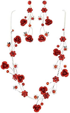 Roses with Accent Simulated Rhinestone Necklace and Earrings Set-Red