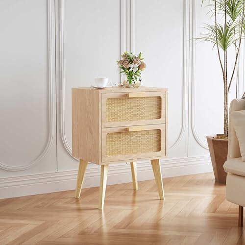 YAUKOMEL Scandinavian Bedside Table, Rattan Nightstand, 2 Drawers in Rattan, Side Table, Wooden Night Table, Sofa End with Wooden Handle for Living Room, Bedroom, Office, Natural DECTG59Y