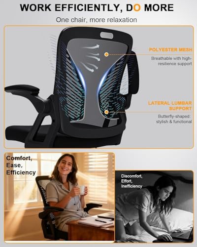 Durrafy Ergonomic Office Chair, Desk Chair with 90° Flip-up Armrests, Lumbar Support & Height Adjustable, Breathable Swivel Computer Chair with Tilt Function, Mid-Back Mesh Chair For Home/Office