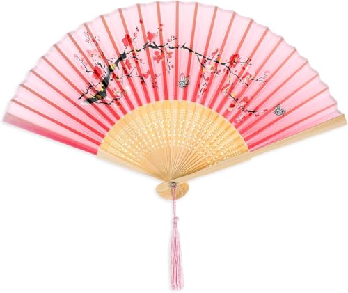 Chinese Folding Fan, Vintage Bamboo Hand Fan with Silk Tassel, Traditional Handheld Fans for Women, Wedding Dance Photo Props & Home Decors, Foldable Retro Design (32cm, Rose Pink)