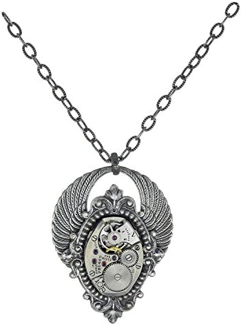 Handcrafted Silvertone Round Wings Steampunk Clockwork Vintage Victorian Style Pendant Necklace