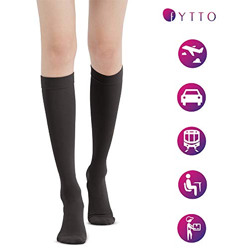 Fytto 1007 Women's Compression Socks - Stylish, Lightweight & Breathable 15-20mmHg Flight Stockings - Professional Support for Business & Travel, Classic, Black, Large