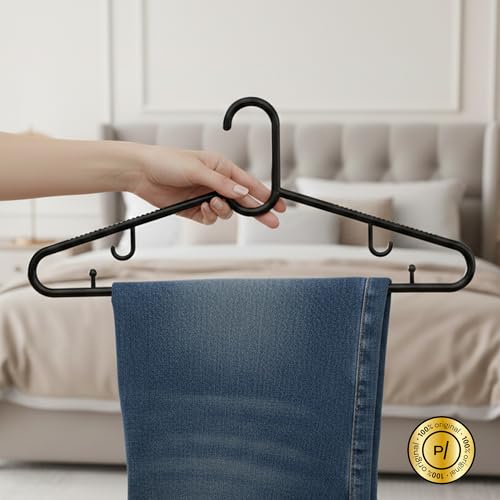 Kit 50 Cabides Plus Pretos Reforçados 46cm Duplo Gancho Para Duas Roupas Cabide Antiderrapante Para Camisas Blusas Vestidos Closet Guarda-roupa Organização Uso Doméstico E Comercial - Paramount Preto