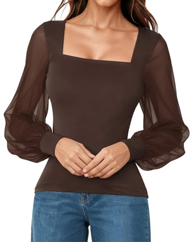 Square Neck Mesh Long Sleeve Tops for Women, Mesh Puff Sleeve Going Out Tops Double Lined Business Casual Shirts Brown at Amazon