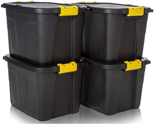 Strata Heavy Duty 42L Storage Crates Set of 4 with Lids Black Yellow Handles
