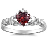 Irish Claddagh Simulated Garnet Heart Ring Sizes 3-12