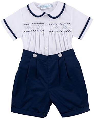 Navy & White Two Piece Smocked Boys Short Set Infant & Toddler