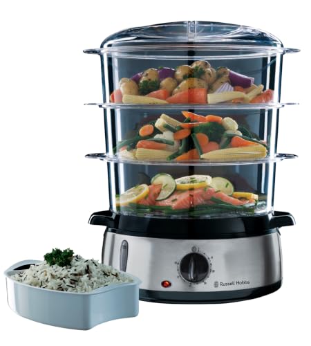 Russell Hobbs Dampfgarer [normale Größe] 9,0l (60 Minuten Timer + Abschaltautomatik, 3 spülmaschinengeeignete Dampfgarbehälter + Reisschale / Reiskoch