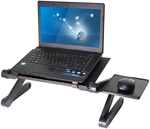 Powseed Portable Aluminum Laptop Table Black Lap Desk Alloy Tray with Foldable Adjustable Legs CPU Cooling Fan Mouse Pad for Bed Sofa Office School and Ground Use