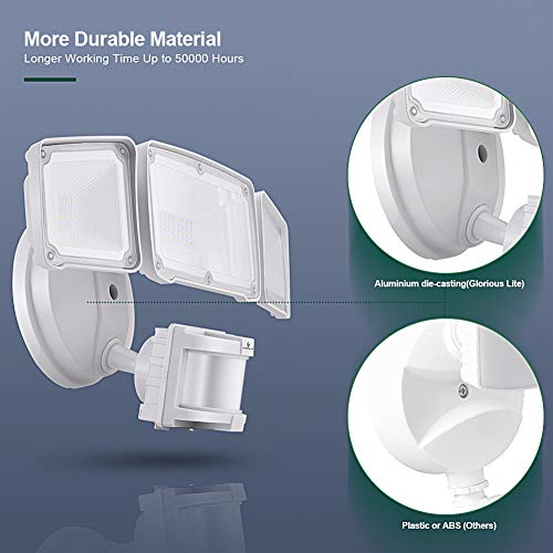 LED Security Lights, 35W Motion Sensor Light Outdoor, GLORIOUS-LITE 3 Head Flood Light with Dusk to Dawn Mode, 5500K-6000K, IP 65 Waterproof, ETL Certified for Garage, Yard, Porch, Entryways - White