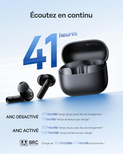 EP10 NC Écouteurs Bluetooth sans Fil, Ecouteurs sans Fil avec Réduction de Bruit Actif à -43dB, 24 Modes EQ, Conducteurs 12mm, SuperBass, 4-Mic AI pour Appels Clairs, IP55, 41H, Bluetooth 6.0