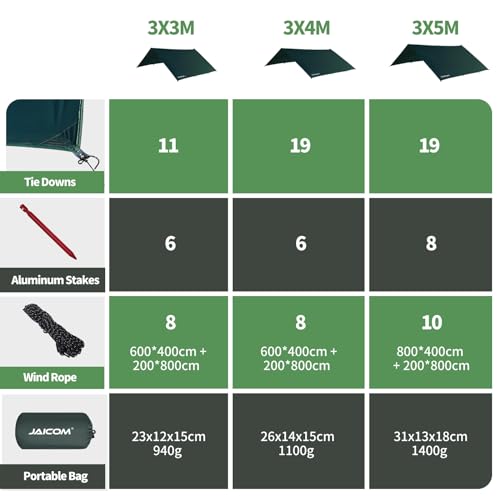 JAICOM Tarp Waterproof - 3 x 3 m / 4 m / 5 m Camping Tent Tarpaulin, Ultralight and Portable, UV Protection & Snow & Rain, with Eyelets, Nylon Ropes, Aluminium Pins, for Hammocks, Outdoor Activities, Patios