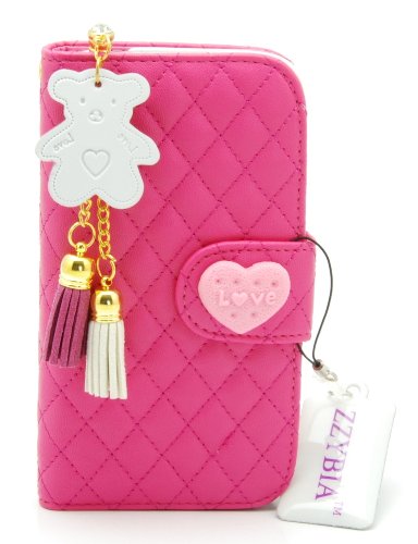 ZZYBIA® NOTE III 3 QHB Shocking Pink Leatherette Stand Case Card Holder Wallet with Off White Bear Fringed Dust Plug Charm for Samsung Galaxy Note III 3 N9000 N9005