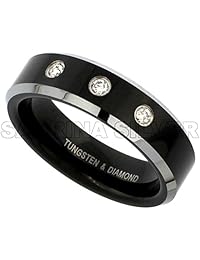 Sabrina Silver 2-Ring Set 6 & 8 mm Black Tungsten 3 Stone Diamond Wedding Ring Two-Tone Beveled Comfort fit, Sizes 5-13