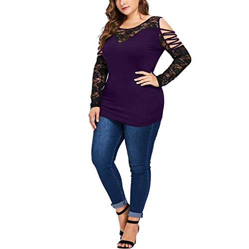 Blouse for Women Plus Size Elegant,SMALLE◕‿◕ Womens Fashion Criss Cross Cold Shoulder Splice Transparent Lace Blouse Purple