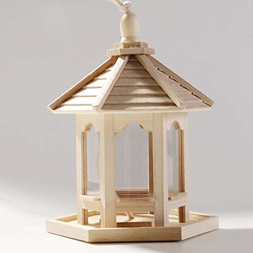 jiumoji Wooden Bird Feeder Outside Hanging for Garden Yard Tree Decoration Hexagon Shaped with Roof