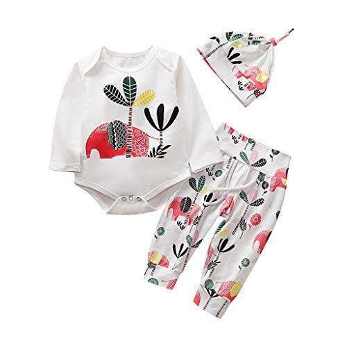 Little Story 0-24M Children's Long-Sleeved Cartoon Elephant Print Hakama + Animal Print Trousers + hat Set Toddler Kid Baby White