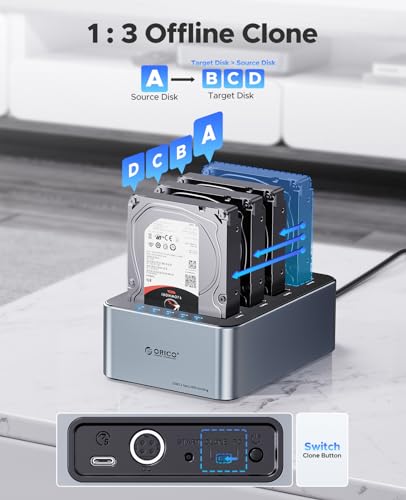 ORICO Aluminum Clone 4 Bay Hard Drive Dock, USB C Hard Drive Docking Stations for 2.5/3.5" SATA SSD/HDD up to 20TB, Offline Cloning Dock (6646C3-C)