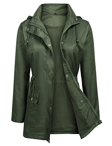 URRU Women's Waterproof Outdoor Raincoat Lightweight Rain Jacket Active Hooded Windbreaker Trench Coat Army Green S