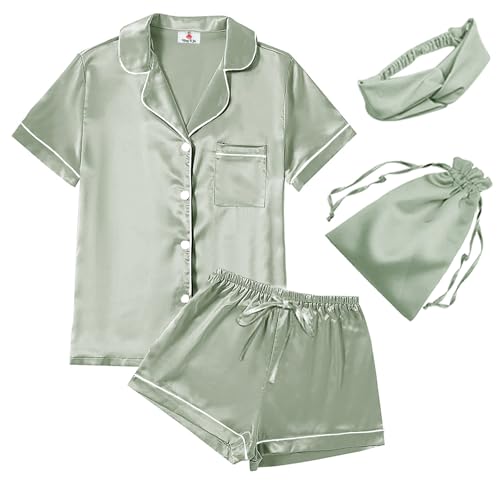 WJing Yi Jia 4Pcs Womens Satin Silky Pajama Sets Short Sleeve Shirt XS-4XL Floral Pajamas Set Soft PJ Loungewear Sleepwear at Amazon