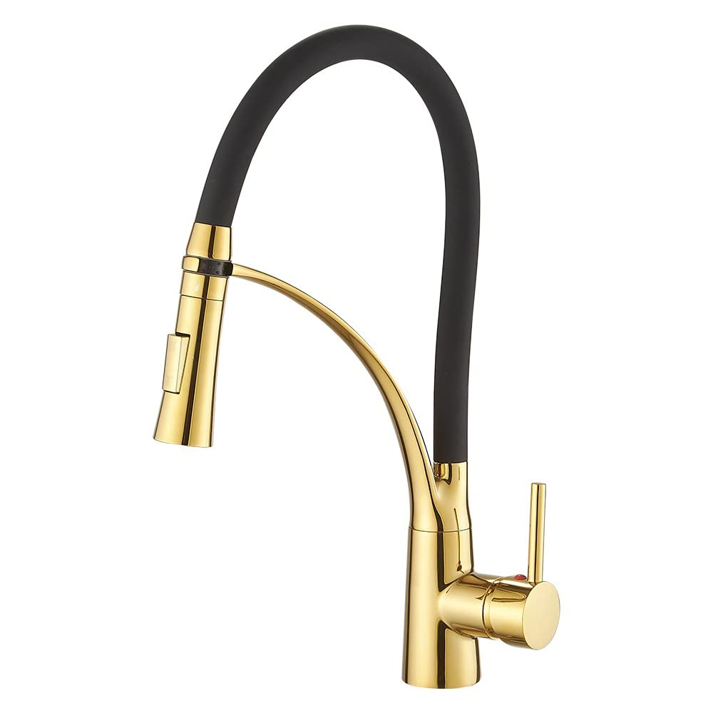 Heable Pull Down Kitchen Sink Mixer Tap with Dual Function Sprayer, Single Lever Swivel Spout Kitchen Taps with Black Silicone Hose, Available Gold Finish Solid Brass