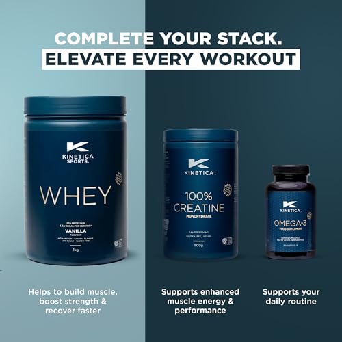 Kinetica Sports Whey Protein Powder - Vanilla, 1Kg, 33 Servings | 23g Protein, 5.5g BCAA Amino Acid & 4.32g Glutamine | Recovery Shake for Optimum Nutrition | WADA & Informed Sport Approved
