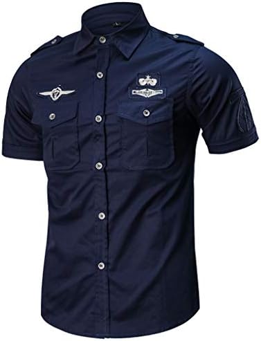 Yuutimko Men's Quick Dry UV Protection Casual Fashion New Military Style Cotton Short Sleeve Loose Button Down T-Shirt Tops with Pockets Embroidery