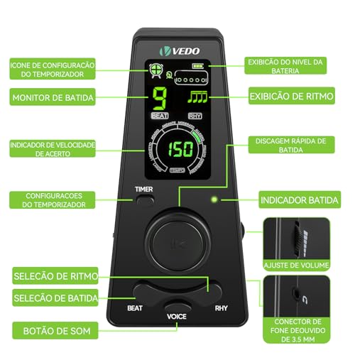 Metrônomo digital VEDO com temporizador, contagem vocal em inglês, operação um toque e display colorido fácil leitura Metrônomo eletrônico com controle volume para piano, guitarra, bateria e violino