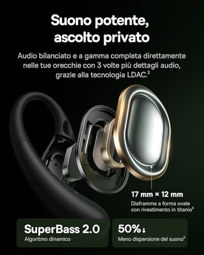 Eli Sport2 Open Ear Cuffie, Cuffie Sportive Open Ear con Curva di Comfort a S, 45H di Autonomia, SuperBass 2.0, IPX7, Bluetooth 6.0, Chiamate Chiare con 4 Microfoni AI