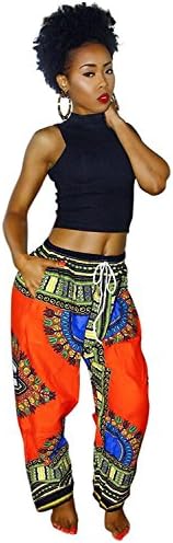 Aiphun Womens African Dashiki Bohemian Drawstring Waist Trousers Wide Leg Lounge Pants Small Orange