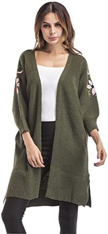 Women's Print Cardigan Lantern Long Sleeve Open Front Warm Casual Floral Sweater Army Green L