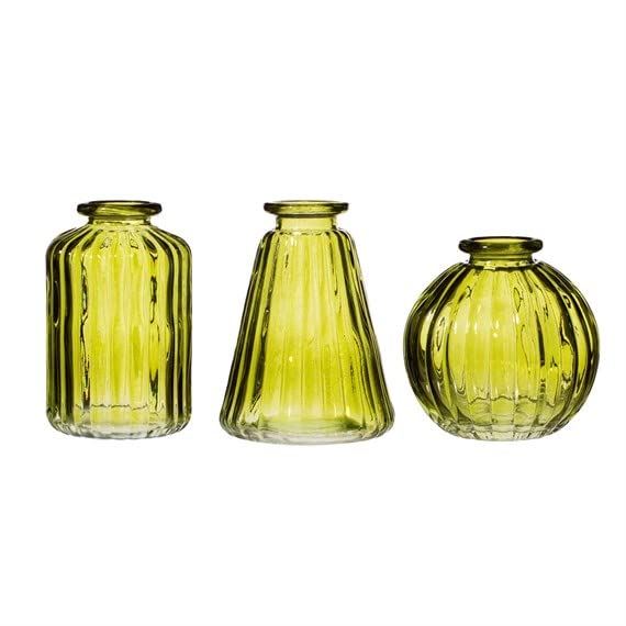 Sass & Belle Olive Green Glass Bud Vases - Set of 3 - Small Glass Vases for Flowers, Vintage Table Decor for Home, Elegant Flower Vase Set, Mini Table Decorations