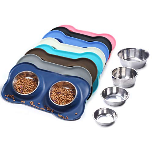 VIVAGLORY Dog Bowls Stainless Steel Water and Food Bowl Pet Cat Feeder with Non Spill Skid Resistant Silicone Mat, Small, Navy Blue