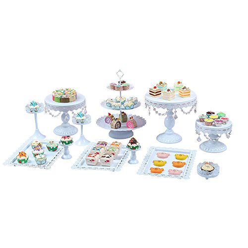 12 Set Metal Crystal Cake Holder Cupcake Stand Cake Dessert Holder with Pendants and Beads,Wedding Birthday Dessert Cupcake Pedestal Display,White (12)