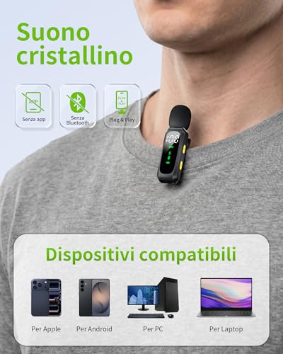 Mini Wireless Lavalier Microphone for iPhone, Android and PC, Neck Condenser Microphones with Noise Reduction, Battery Indicator and Wind Fan, for YouTube, TikTok (Dark Grey)