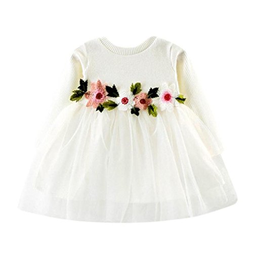 Children Baby Girls Floral Dress, Flower Printing Tutu Party Wedding Birthday Princess Long Sleeve Mesh Dresses (White, 0-6 Months)