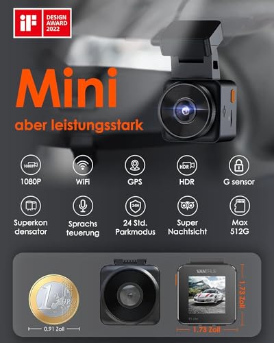 VANTRUE E1 Lite 1080P Mini WiFi GPS Dash Cam, APP Control and English Voice Command, Front with HDR, 1.54 Inch IPS 30fps, Hidden Night, 160° Night, 24 Hour Parking, G-Sensor, Loop, Max 512GB