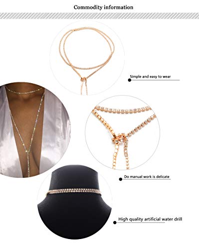 Kercisbeauty Muti Row Boho Rhinestones Choker Long Chain Necklace for Women and Girls Prom Jewelry Festival (Gold)