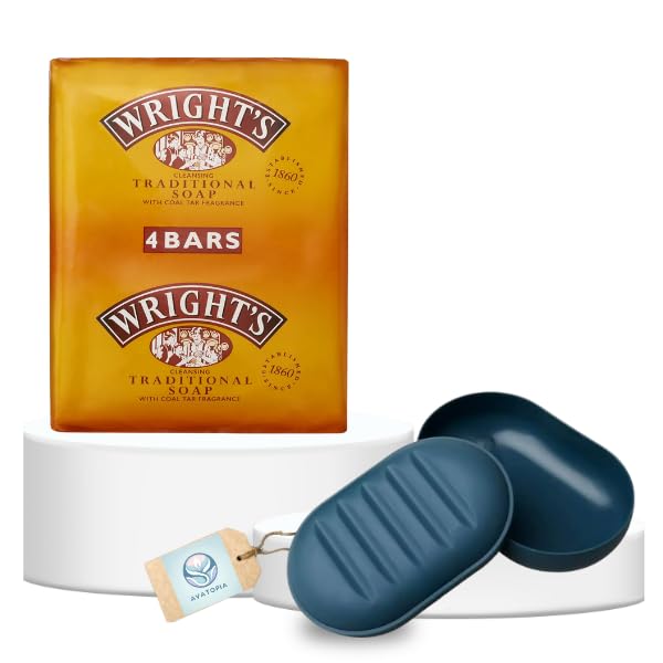 Wrights Traditional Bar Soap 125g Multipack of 4 with Portable Dish Tray and Lid | Coal Tar Soap for All Skin Types | Antibacterial Hand Bar & Natural Original Multipack for Home, Gym, and Travel